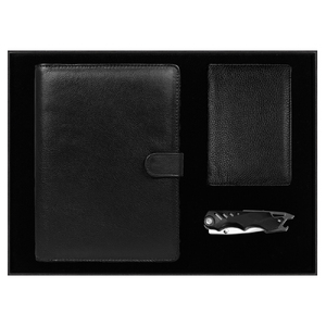 Набор подарочный Solution Prestige Quadro (Блокнот Flexy Forest Urban Latte в суперобложке Country Leather Sky, обложка для автодокументов Leather Sun, нож складной Tools Impression)