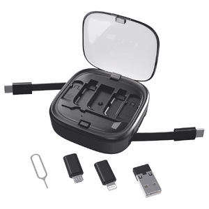 Кабель зарядный выдвижной USB Solid Link 5-в-1 на Lightning, Micro-USB, Type-C «U50» 2,4 A, C to C, Quick Charge с подставкой для телефона, квадратный, черный с логотипом