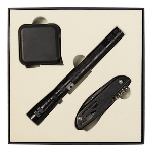 Набор подарочный Solution Superior Trio (Фонарь телескопический Tools Flashlight, рулетка Tools Master, 3 метра, нож складной многофункциональный Tools Driver, 7 в 1) черный с логотипом