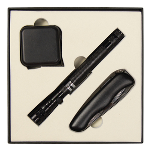 Набор подарочный Solution Superior Trio (Фонарь телескопический Tools Flashlight, рулетка Tools Master, 3 метра, нож складной Tools Nova ) черный с логотипом