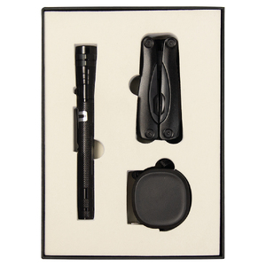 Набор подарочный Solution Superior Trio (Фонарь телескопический Tools Flashlight, рулетка Tools Trecker 3 метра, мультитул Tools Birmingham), черный с логотипом