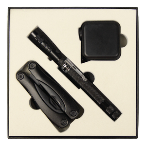 Набор подарочный Solution Superior Trio (Фонарь телескопический Tools Flashlight, рулетка Tools Master, 3 метра, Мультитул Tools Birmingham) черный с логотипом