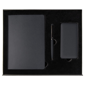 Набор подарочный Solution Prestige Yota Trio (Ежедневник Flexy Latte Soft Touch Black Edition Color А5, Внешний аккумулятор (powerbank) «WeCharge Soft Touch», Ручка Grand Attashe металлическая,) в подарочный коробке, черный с логотипом