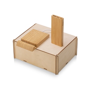 Подарочный набор с БЗУ и внешним аккумулятором «Bamboo Set», натуральный с логотипом