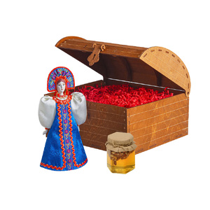 Подарочный набор: кукла фарфоровая, мед, синий с логотипом