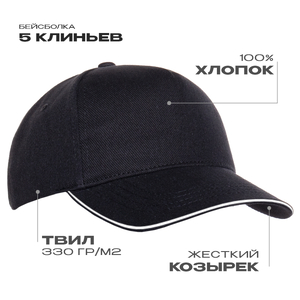 Бейсболка с кантом STAN 5 клиньев хлопок 330, 04, Чёрный,  (20)  (56-58) с логотипом