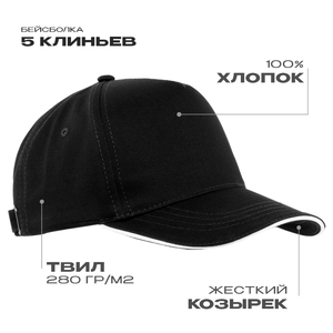 Бейсболка с кантом STAN 5 клиньев хлопок 280, 14, Чёрный,  (20)  (56-58) с логотипом