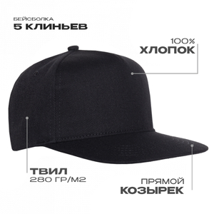 Бейсболка прямой козырёк STAN 5 клиньев хлопок 280, 018, Чёрный,  (20)  (56-58) с логотипом