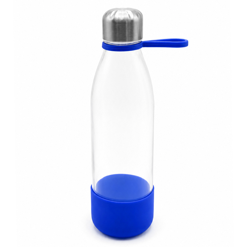Бутылка стеклянная с манжетой и держателем Glassy, синяя с логотипом