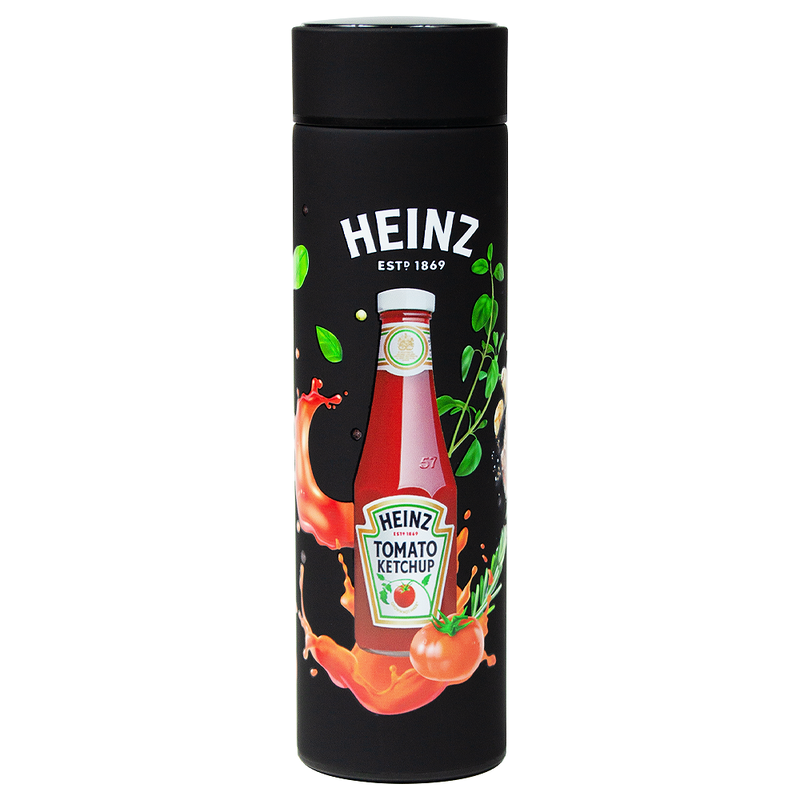 Термос вакуумный стальной Urban Prinnt Sample "Heinz" двухстеночный с медной изоляцией  450 мл, крышка с дисплеем, черный софт тач с логотипом