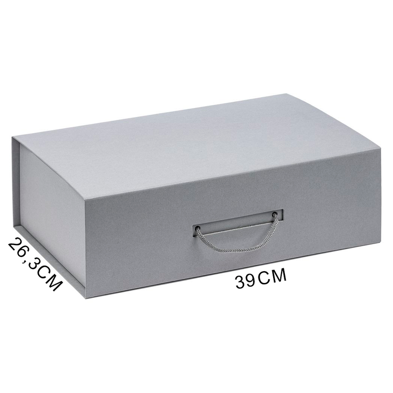 Подарочная коробка, размер 39*26,3*11 см, Solution Prestige Big Case Linen с магнитным клапаном и ручкой , серебристая с логотипом