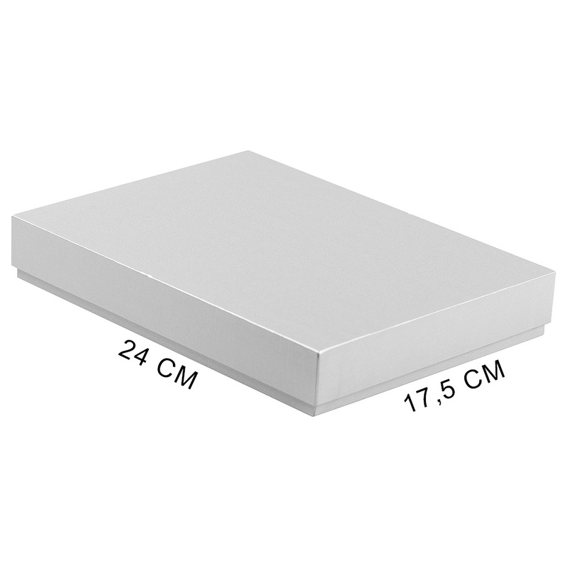 Коробка подарочная, размер 24*17,5*3 см, Solution Superior Linen, серебристая, бежевый ложемент под два прямоугольных предмета с логотипом