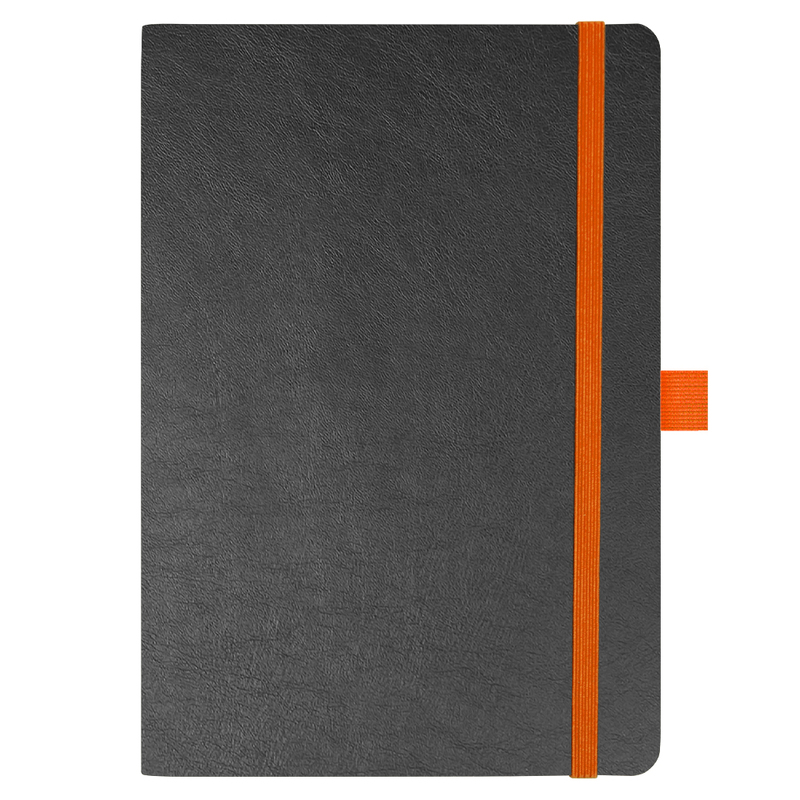 Блокнот Flexy Forest Urban Soft leather  А5, недатированный, с резинкой и петлей для ручки, в гибкой обложке, черно-оранжевый с логотипом