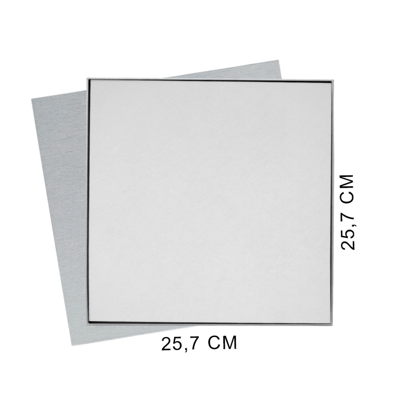 Коробка подарочная Solution Superior Alfa Linen под индивидуальную вырубку, серебро, 25,7x25,7x2,8 см, бежевый ложемент с логотипом