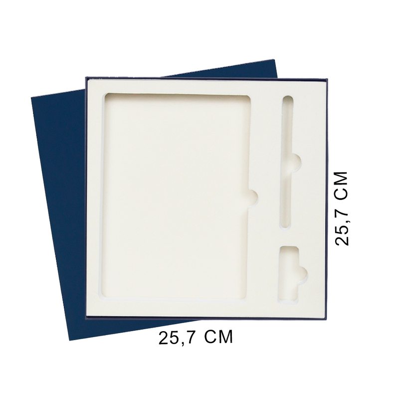 Коробка подарочная Solution Superior Linen под ежедневник, ручку и флешку, темно-синяя, 25,7x25,7 см, бежевый ложемент с логотипом