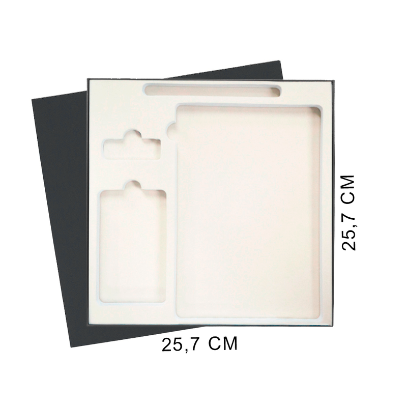 Коробка подарочная Solution Superior Linen, черная, 25,7x25,7, с вырубкой под ежедневник/ручку/флешку/пауэрбанк 7,0х11,7 с логотипом