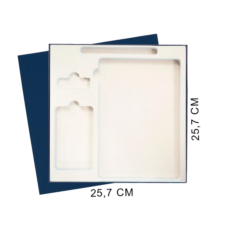 Коробка подарочная Solution Superior Linen, темно-синяя, 25,7x25,7, с вырубкой под ежедневник/ручку/флешку/пауэрбанк 7,0х11,7 с логотипом