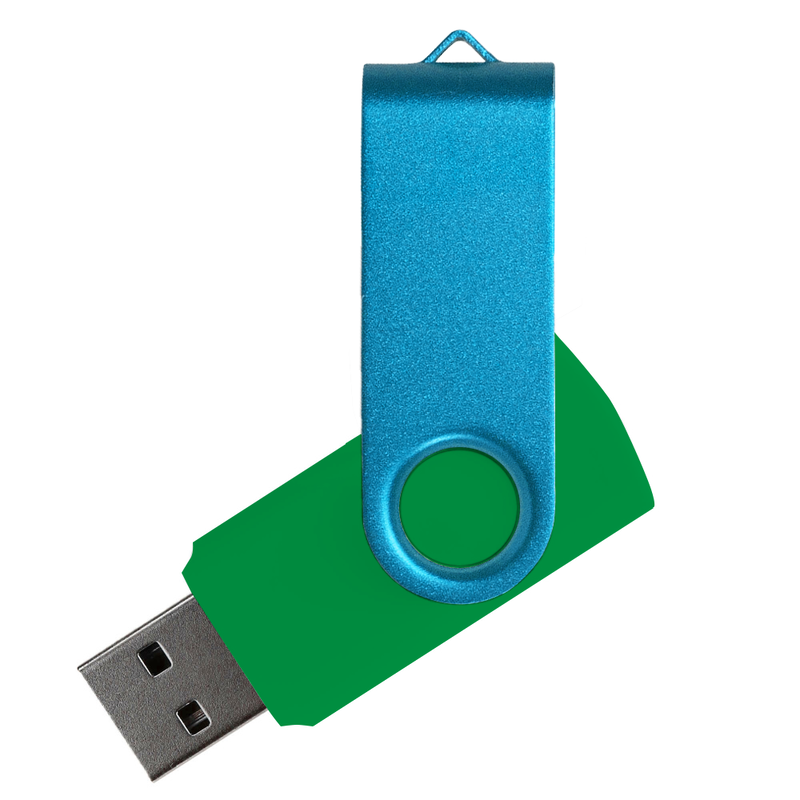 Флеш накопитель USB 2.0 Twister Сolor Mix 16GB, пластик Софт Тач/металл, зеленый/голубой с логотипом