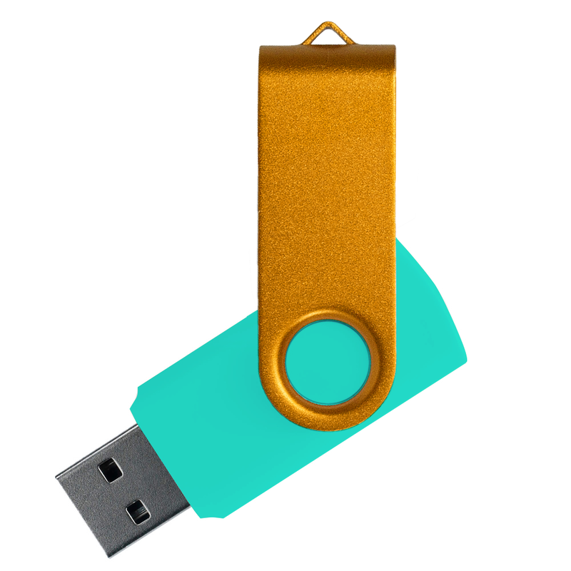 Флеш накопитель USB 2.0 Twister Сolor Mix 16GB, пластик Софт Тач/металл, бирюзовый/золотистый с логотипом