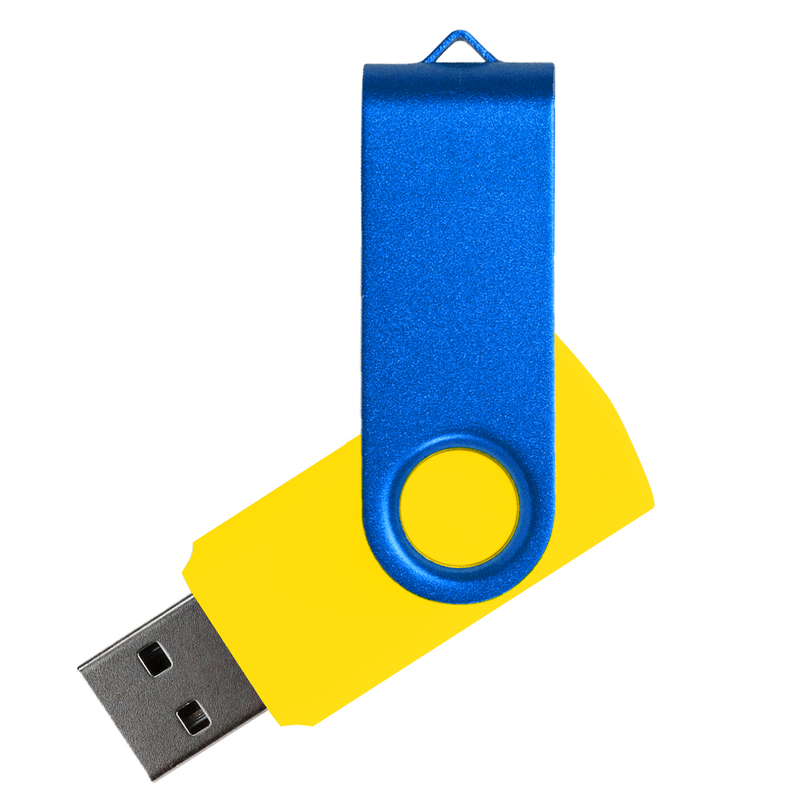 Флеш накопитель USB 2.0 Twister Сolor Mix 16GB, пластик Софт Тач/металл, желтый/синий с логотипом