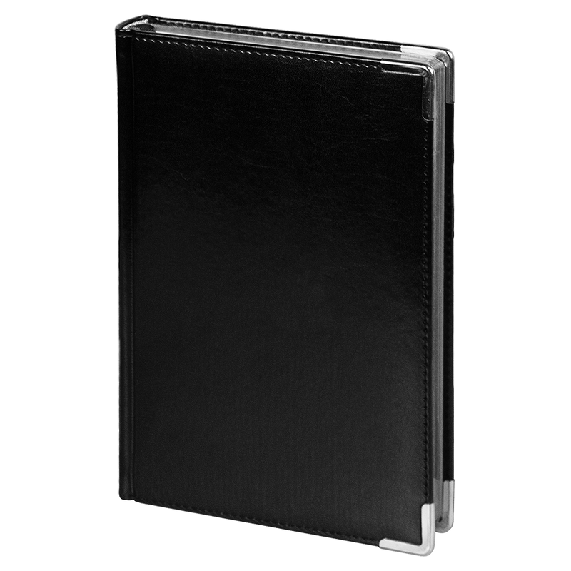 Ежедневник полудатированный Classic Pristine Silver А5, черный с серебром, с металлическими уголками, в твердой обложке с поролоном с логотипом
