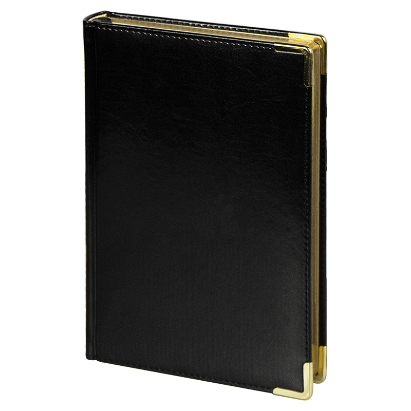Ежедневник полудатированный Classic Pristine Gold А5, черный с золотом, с металлическими уголками, в твердой обложке с поролоном с логотипом