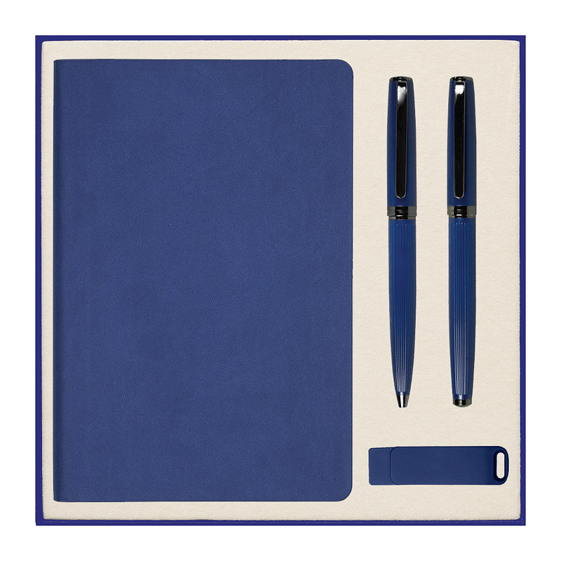 Набор подарочный Solution Prestige Quardo ( ежедневник, флешка, шариковая ручка, ручка роллер), синий с логотипом