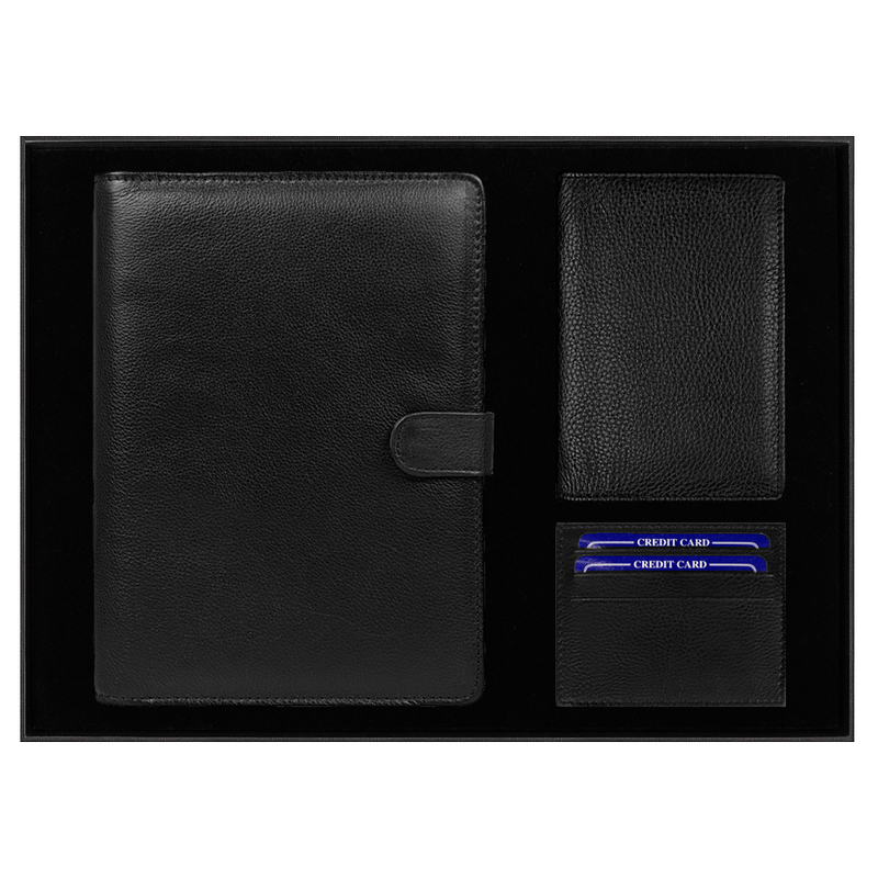 Набор подарочный Solution Prestige Quadro (Блокнот Flexy Forest Urban Latte в суперобложке Country Leather Sky, обложка для автодокументов Leather Sun, футляр для кредитных карт/картхолдер Leather Way) с логотипом