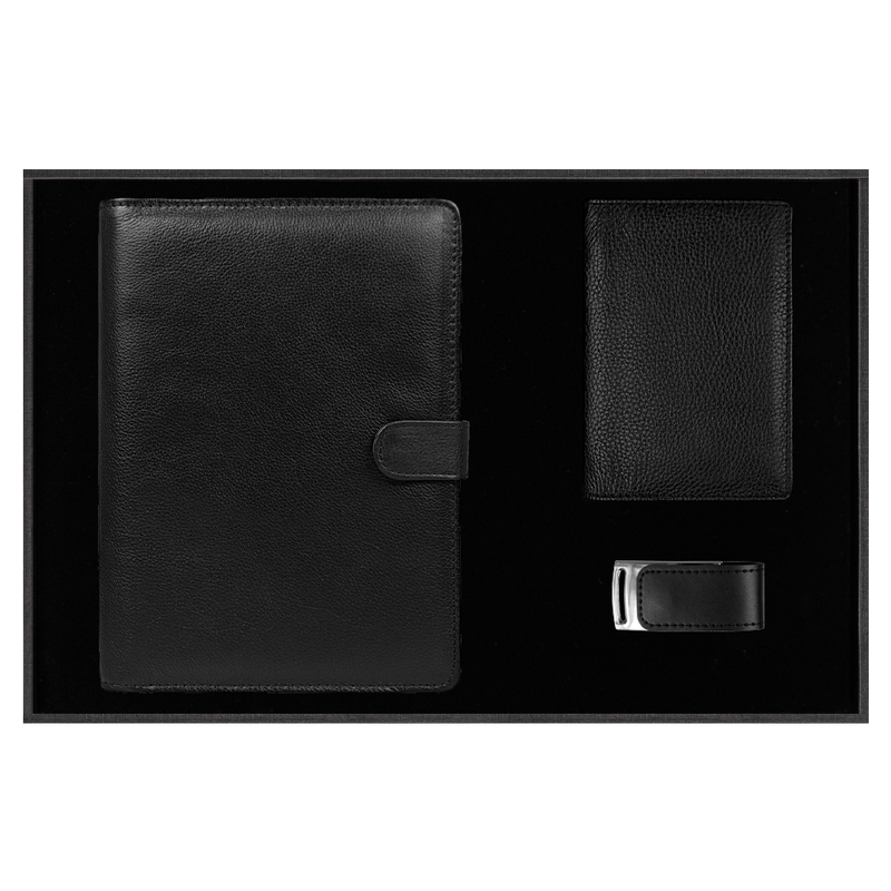 Набор подарочный Solution Prestige Quadro (Блокнот Alfa Polo Line в суперобложке Country Leather Sky, обложка для автодокументов Leather Sun, флеш накопитель Shine, USB 2.0 32GB) с логотипом