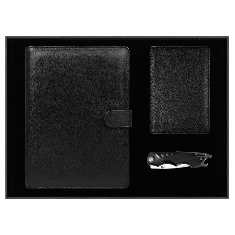 Набор подарочный Solution Prestige Quadro (Блокнот Flexy Forest Urban Latte в суперобложке Country Leather Sky, обложка для автодокументов Leather Sun, нож складной Tools Impression) с логотипом