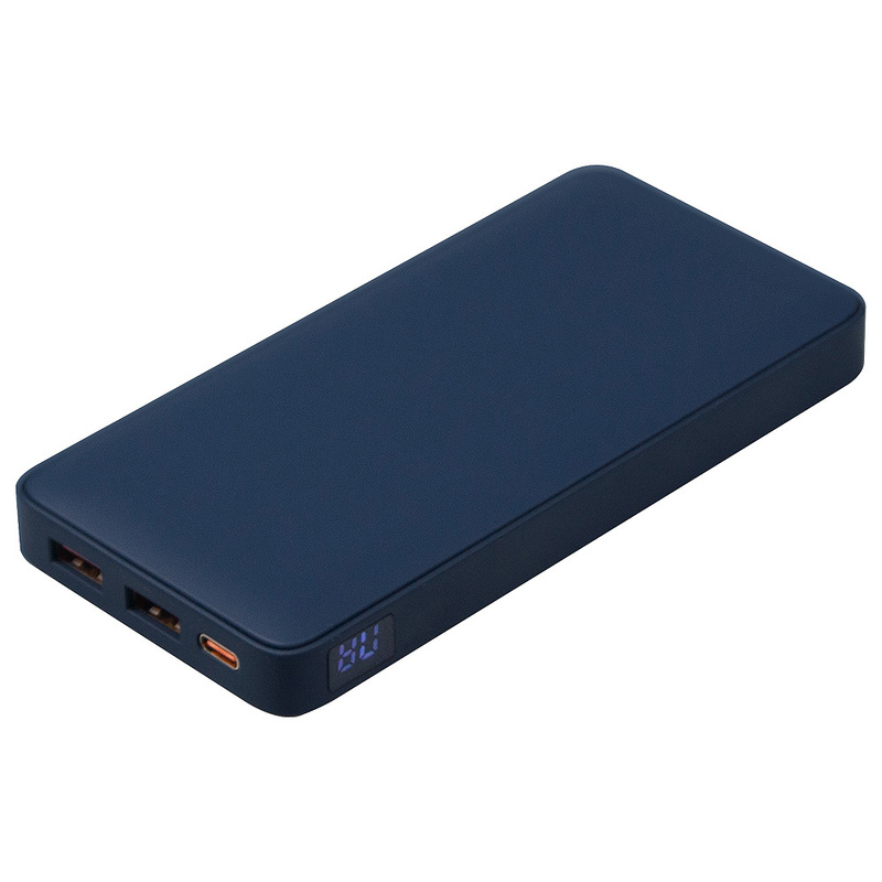 Внешний аккумулятор (powerbank)  «WeCharge Soft Touch»,  10 000 mAH, Power Delivery (PD) 25.5W, со светящимся логотипом после гравировки, c цифровым дисплеем для контроля заряда, темно-синий с логотипом