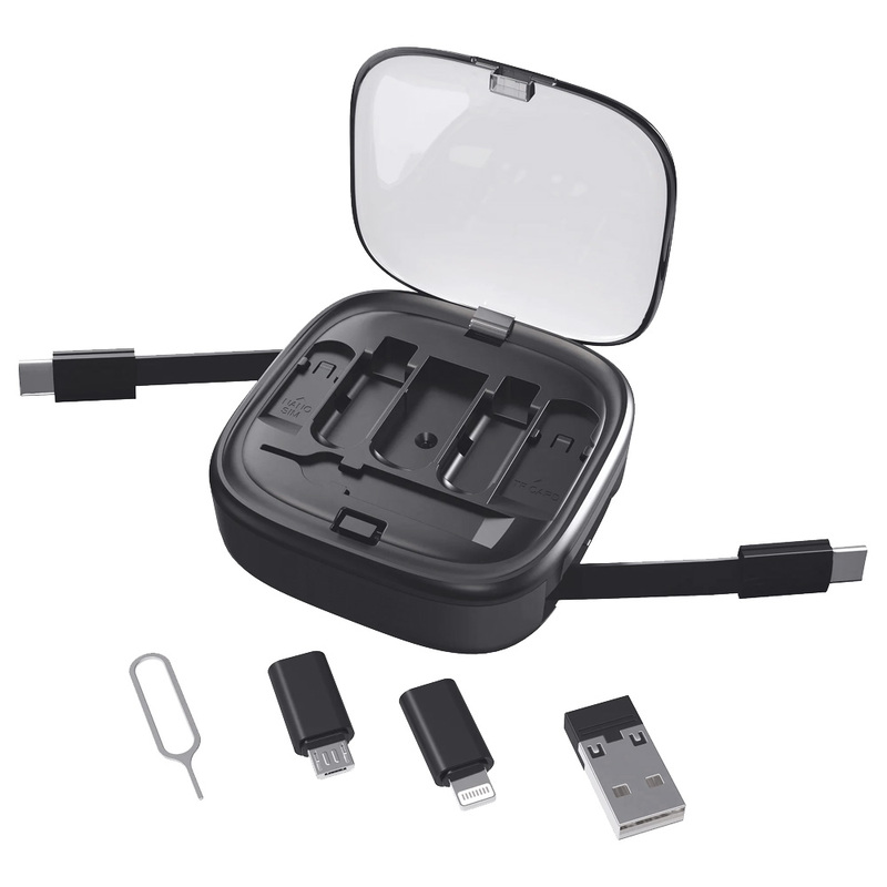 Кабель зарядный выдвижной USB Solid Link 5-в-1 на Lightning, Micro-USB, Type-C «U50» 2,4 A, C to C, Quick Charge с подставкой для телефона, квадратный, черный с логотипом