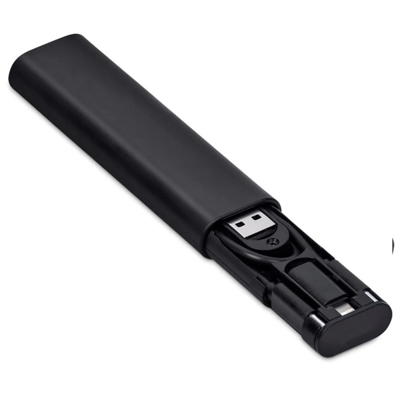 Кабель зарядный выдвижной USB Solid Line  60W 3-в-1 на Lightning, Micro-USB, Type-C «U50» 2,4 A, Quick Charge в пластиковом футляре, черный с логотипом