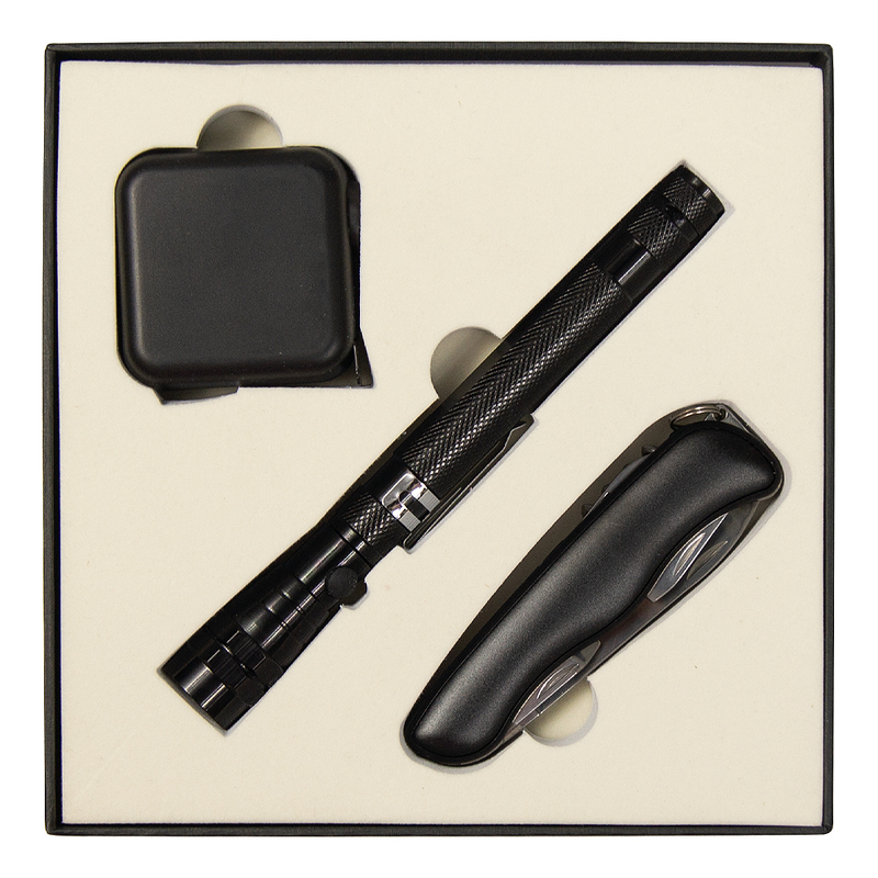 Набор подарочный Solution Superior Trio (Фонарь телескопический Tools Flashlight, рулетка Tools Master, 3 метра, нож складной Tools Nova ) черный с логотипом