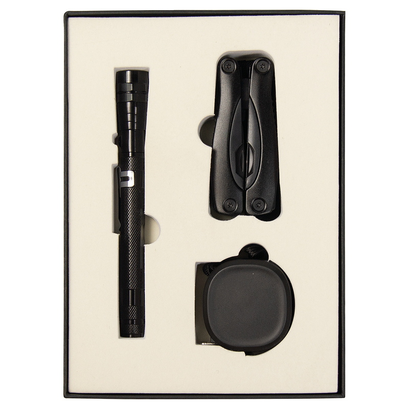 Набор подарочный Solution Superior Trio (Фонарь телескопический Tools Flashlight, рулетка Tools Trecker 3 метра, мультитул Tools Birmingham), черный с логотипом