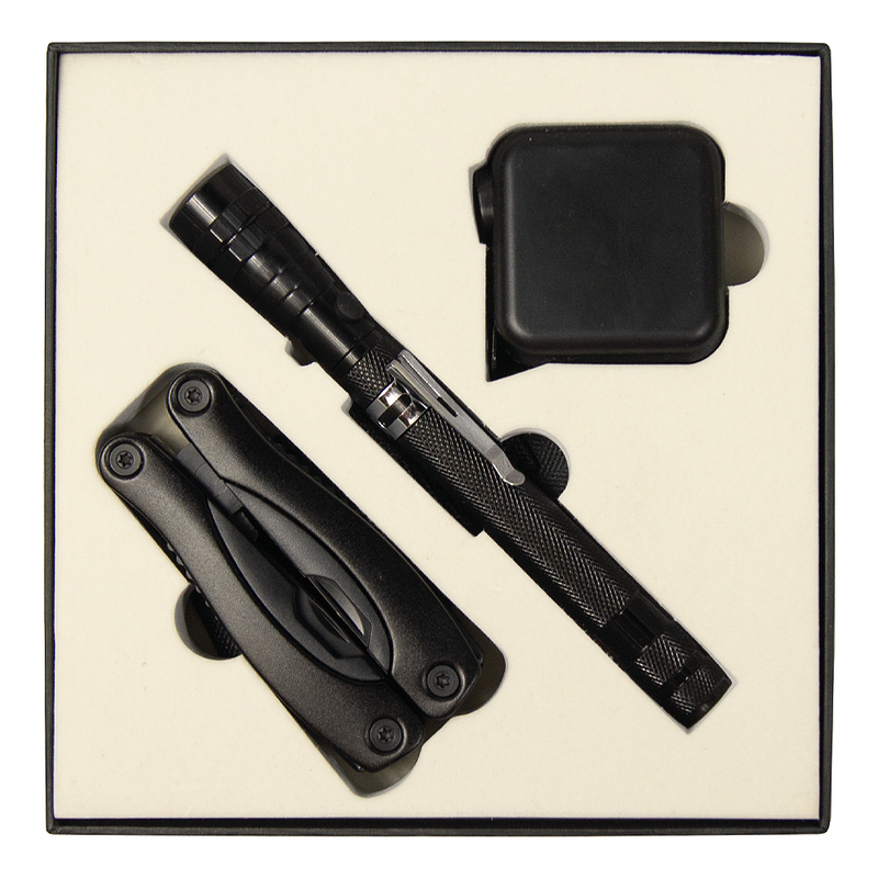 Набор подарочный Solution Superior Trio (Фонарь телескопический Tools Flashlight, рулетка Tools Master, 3 метра, Мультитул Tools Birmingham) черный с логотипом