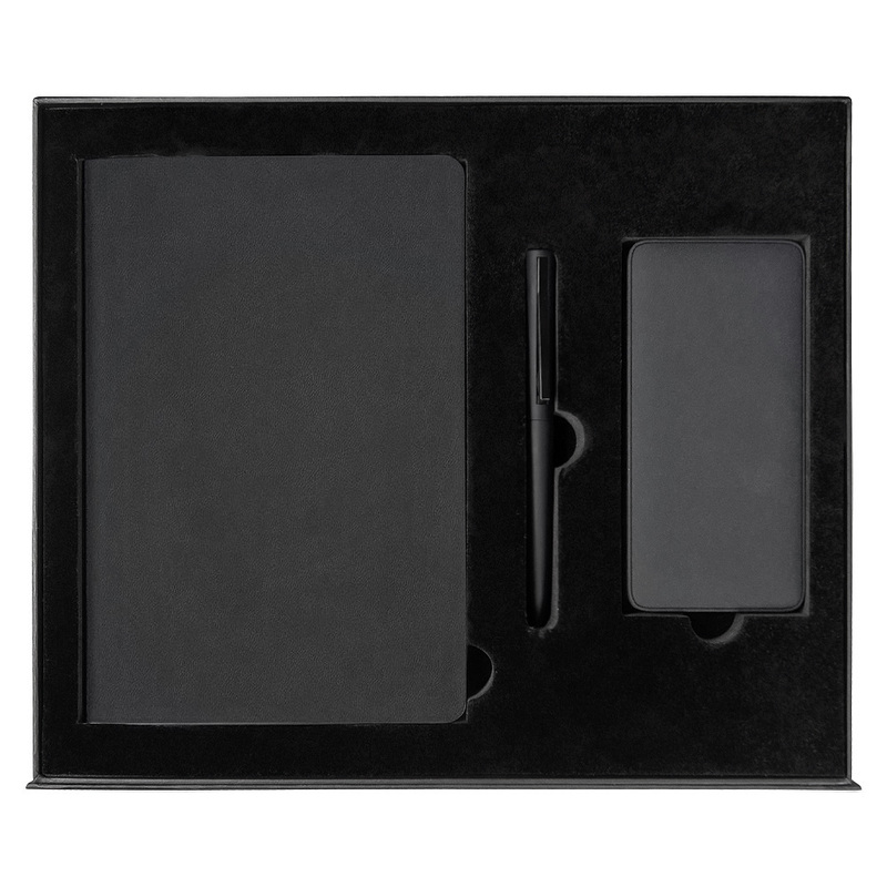 Набор подарочный Solution Prestige Yota Trio (Ежедневник Flexy Latte Color А5, Внешний аккумулятор (powerbank) «WeCharge Velvet», ручка SAMURAI Requis ) в подарочный коробке, черный с логотипом