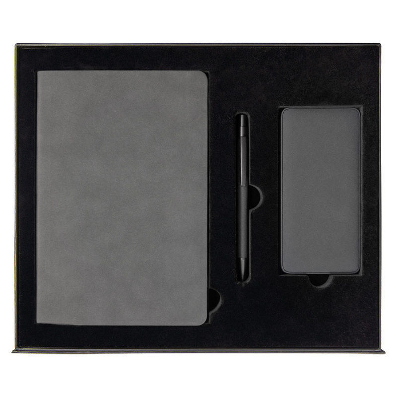 Набор подарочный Solution Prestige Yota Trio (Ежедневник Flexy Nuba А5, Внешний аккумулятор (powerbank) «WeCharge Velvet», Ручка Gray stone Requis металлическая,) в подарочный коробке, серый с логотипом