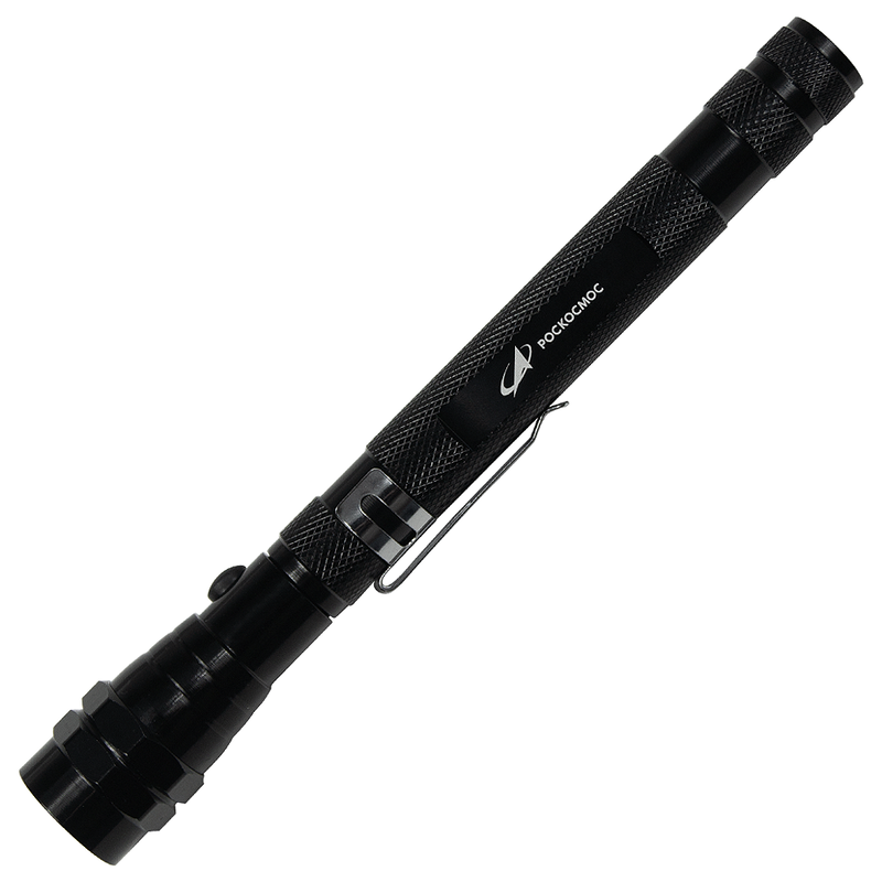 Фонарь телескопический Tools Flashlight Print Sample "Роскосмос", с магнитом, черный с логотипом