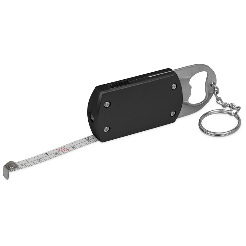 Брелок-открывашка с фонариком и рулеткой, 1 м, Tools Opener, черный с логотипом