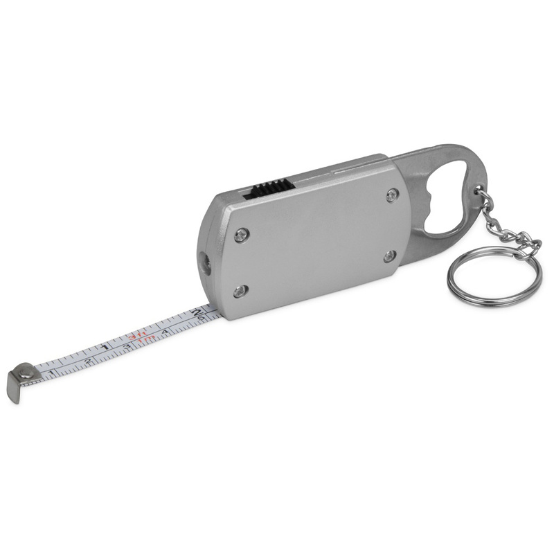 Брелок-открывашка с фонариком и рулеткой, 1 м, Tools Opener, серебристый с логотипом
