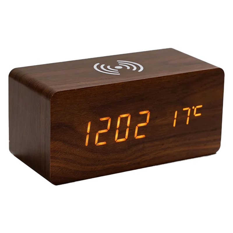 Зарядное устройство 15W Wireless Time Hub с часами, термометром, календарем, темно-коричневое с логотипом