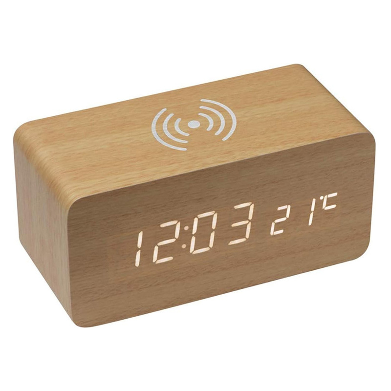 Зарядное устройство 15W Wireless Time Hub с часами, термометром, календарем, светло-коричневое с логотипом
