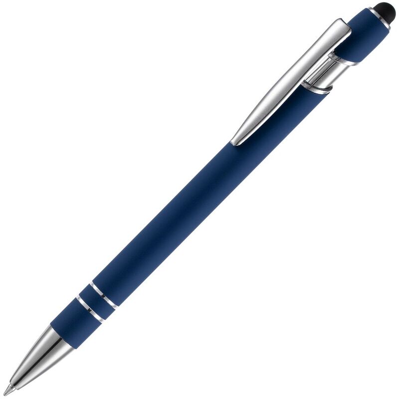 Ручка шариковая Pointer Soft Touch со стилусом, темно-синяя с логотипом