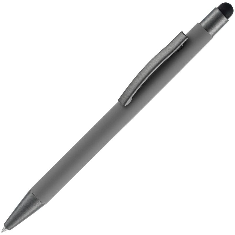 Ручка шариковая Atento Soft Touch со стилусом, серая с логотипом