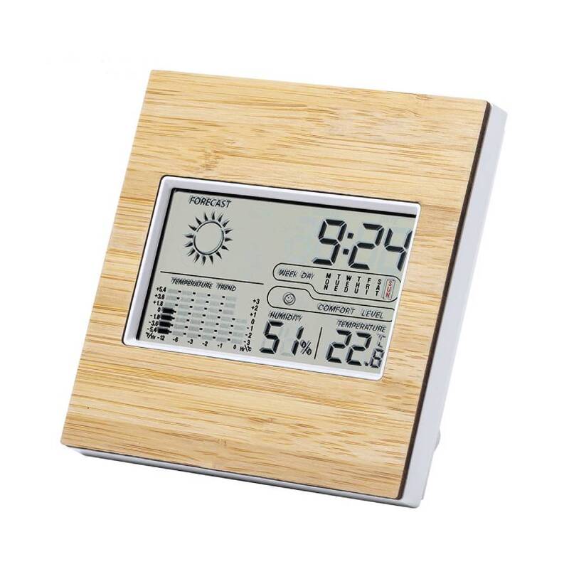 Часы настольные, метеостанция "BEHOX", 13 x 13 x 2.4 см, бамбук с логотипом
