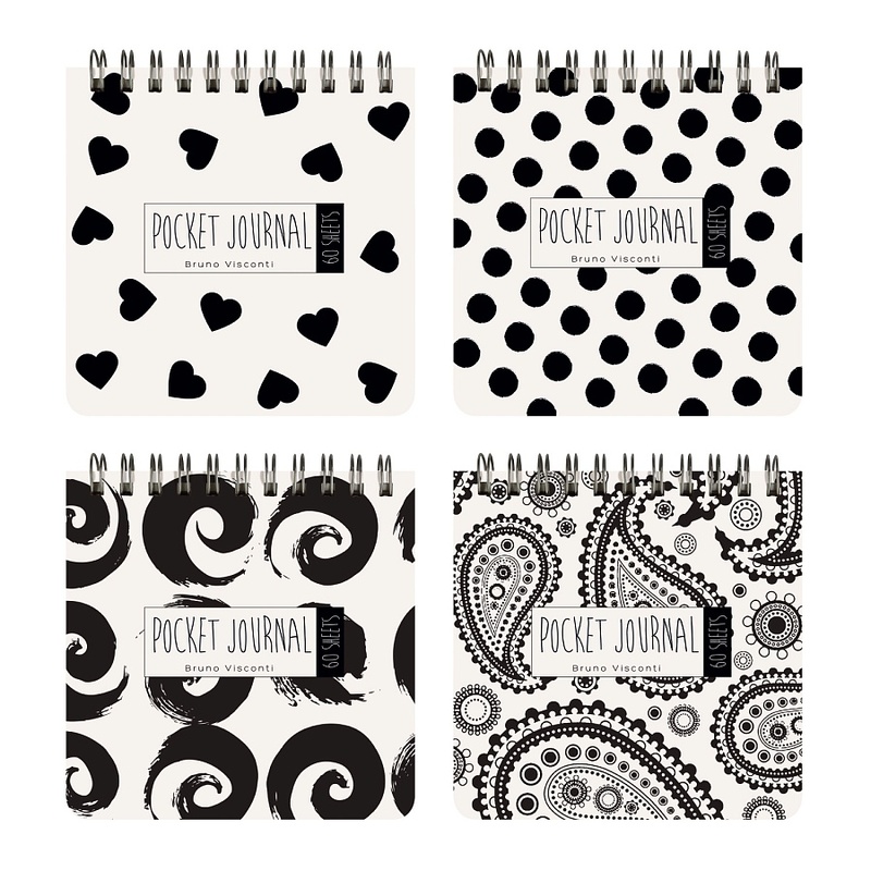 "POCKET JOURNAL" 105 х 105 мм, 60 Л, (4 ВИДA) НА ГРЕБНЕ "BLACK&WHITE" с логотипом