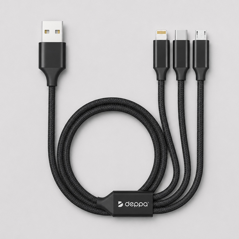 Дата-кабель 3 в 1: micro USB, USB-C, Ligthning, алюминий, 1.2м, черный, Deppa с логотипом