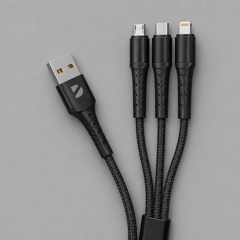 Дата-кабель Armor 3 в 1: micro USB, USB-C, Ligthning, 1.2м, черный, Deppa с логотипом