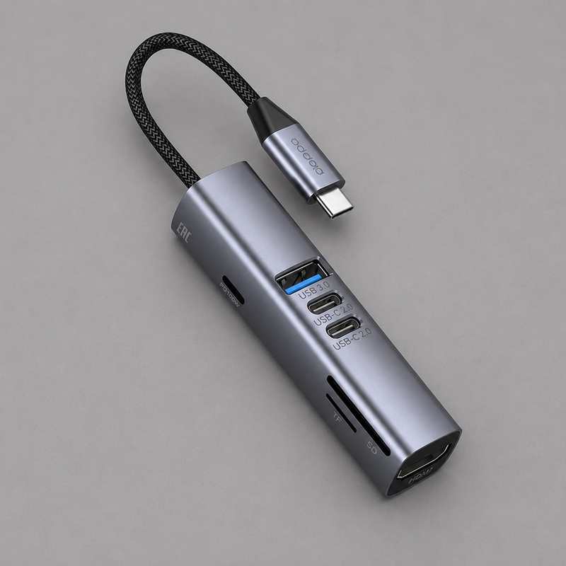 USB-хаб 7 в 1 USB-C - USB-A3.0 + 2хUSB-C + USB-C PD100Вт + HDMI + SD + microSD, серый, Deppa с логотипом